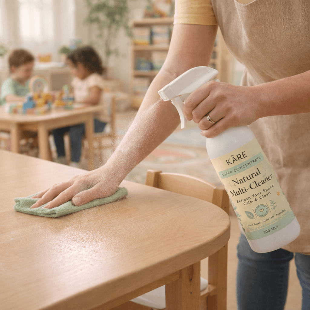 Hand spraying natural multi-cleaner on a wooden table with children playing in the background.