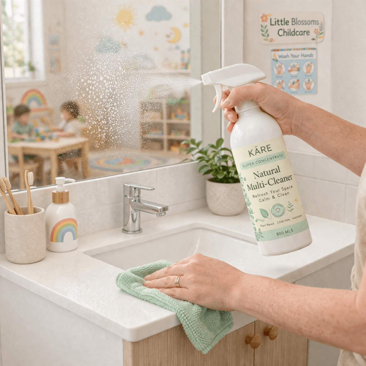 Person cleaning a childcare bathroom sink and mirror using KĀRE Natural Multi-Cleaner spray bottle.